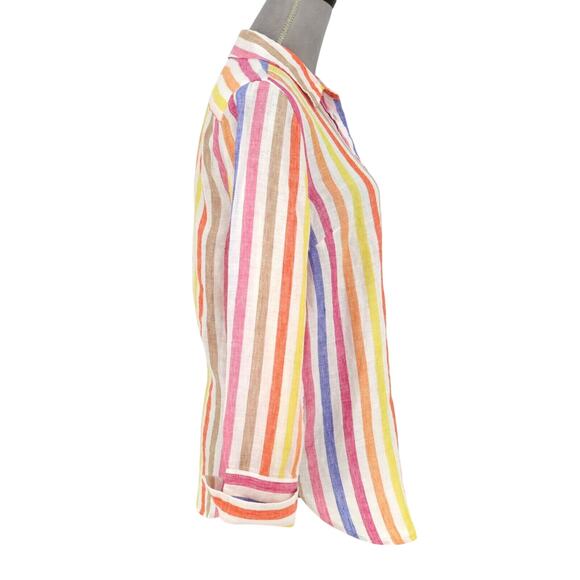 Talbots Top Petites MP PM Linen Blouse Blue Pink Yellow Stripe Beach Resort - Picture 5 of 14